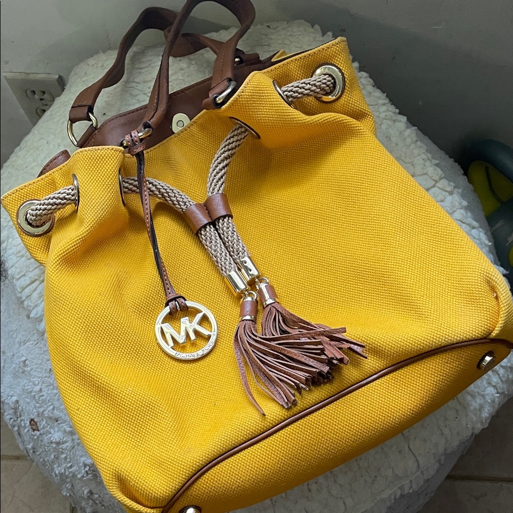 Michael Kors Yellow Canvas Drawstring Tote with Brown Leather Trim